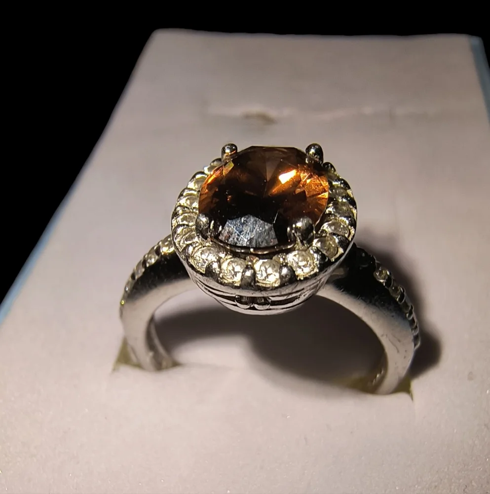 Sterling Silver, Clear & Cognac Colored CZ Halo Ring